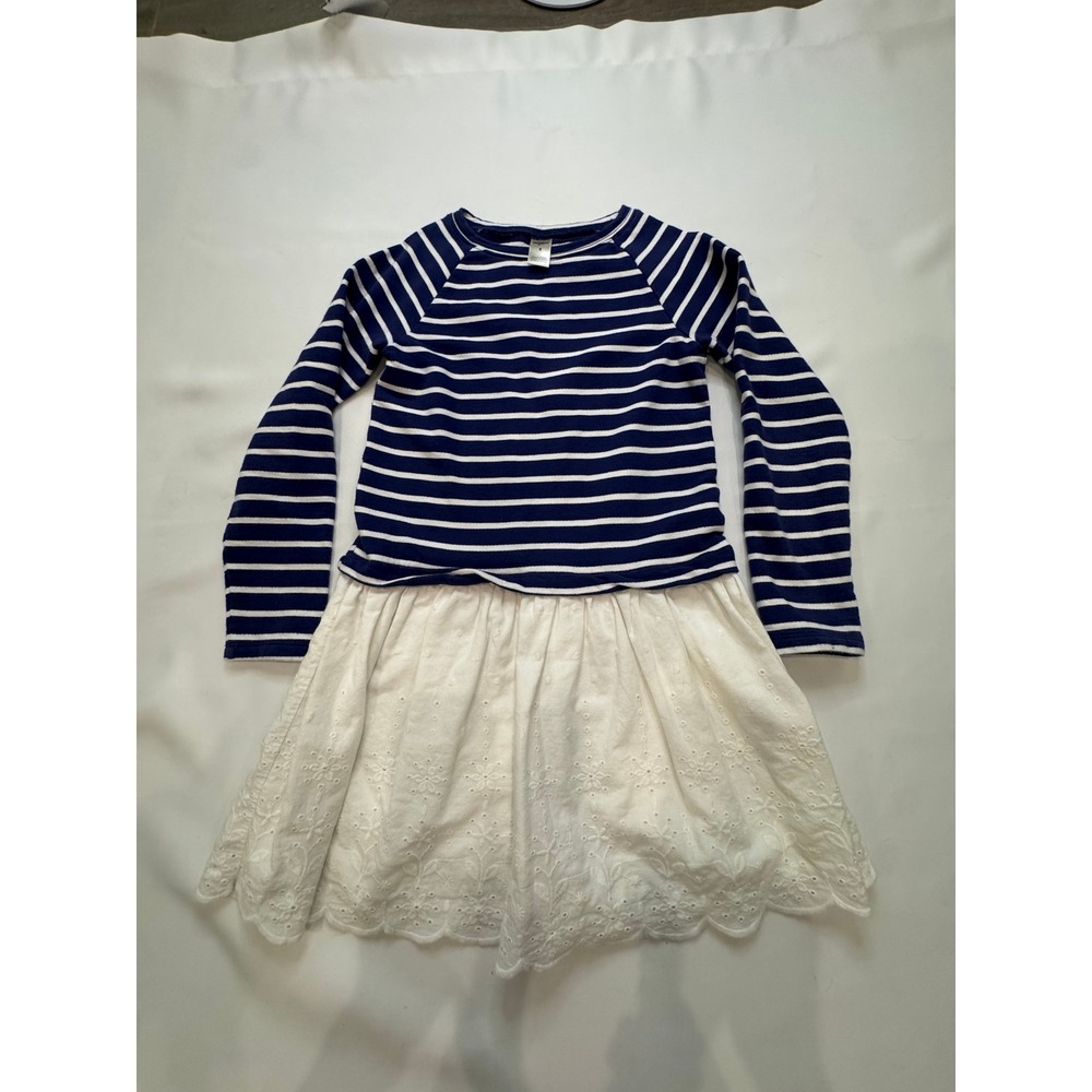 OshKosh B'gosh Striped Eyelet Dress‎ Kids 8 Navy White Mixed Media Long Sleeve